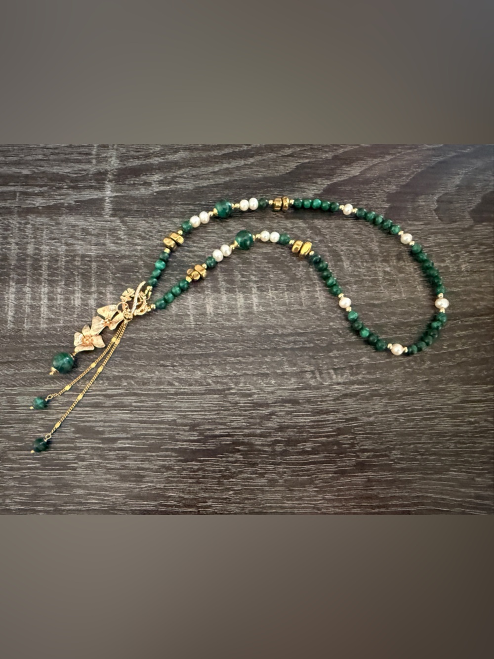 Gold and Emerald Bead Necklace with Pearl Accents Malachite